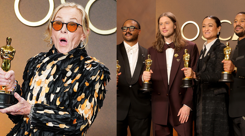 Amy Madigan (izquierda) recibiendo su estatuilla, Sinners (derecha) con sus premios Oscar