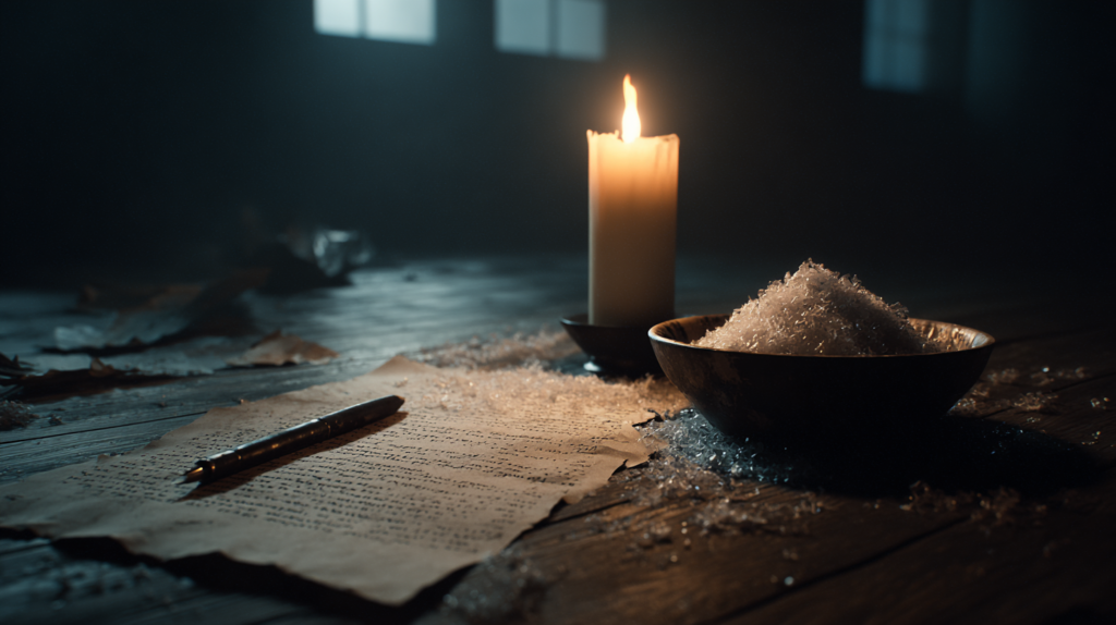 Vela encendida, un papel, un bolígrafo y un recipiente con sal.